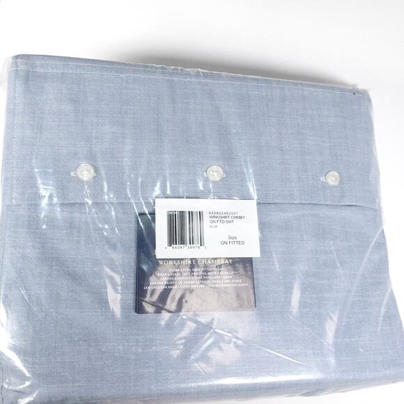 New Ralph Lauren Workshirt Chambray Queen Extra Deep Fitted Sheet Lt Blue $215 - Picture 5 of 8